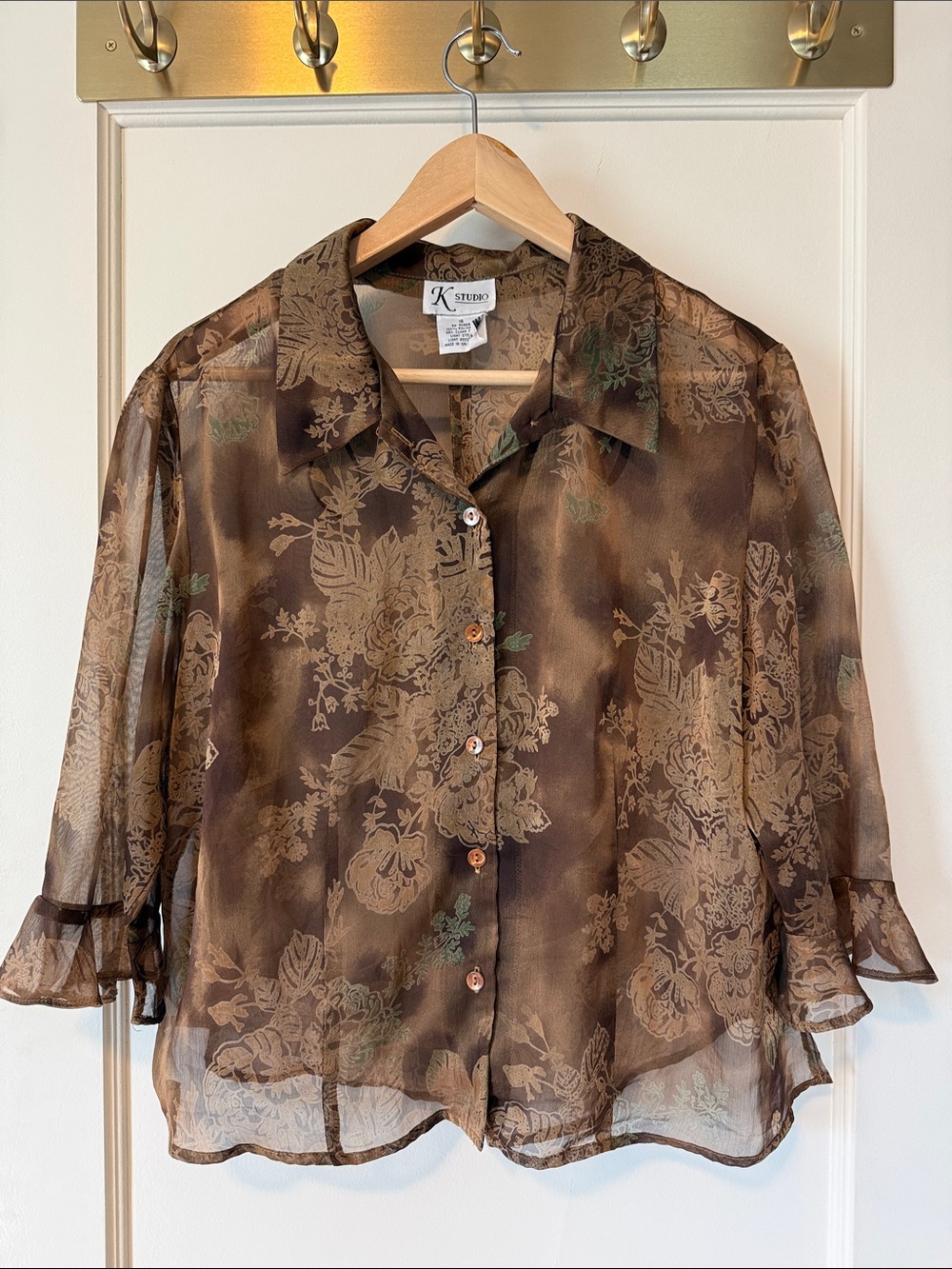 Brown silky floral blouse